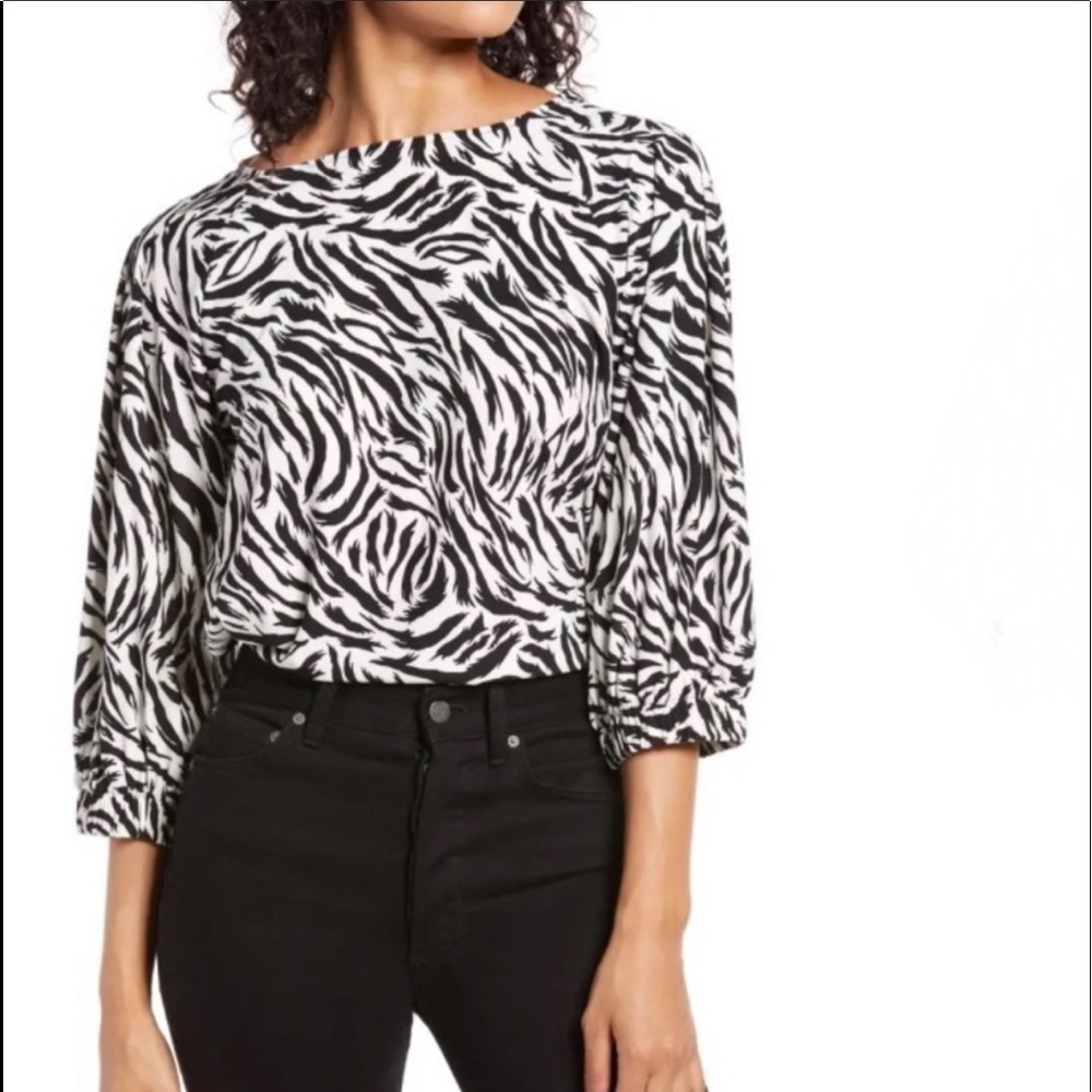 NWT Halogen Black White Zebra Print 3/4 Sleeve Blouse Size Small